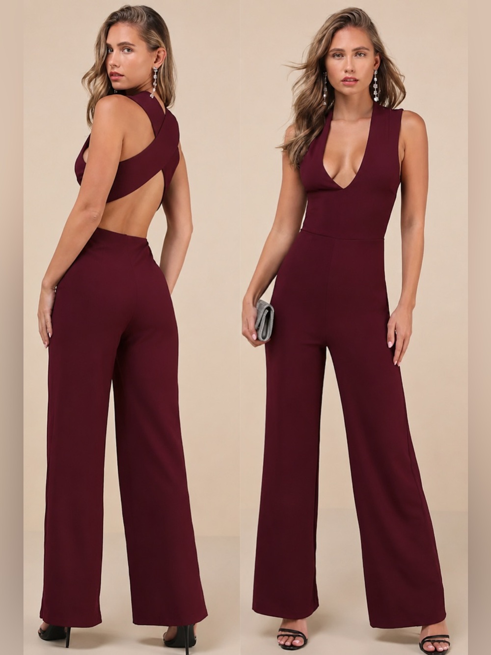 Lulu's Wine Sleeveless V-Neck Wide-Leg Jumpsuit